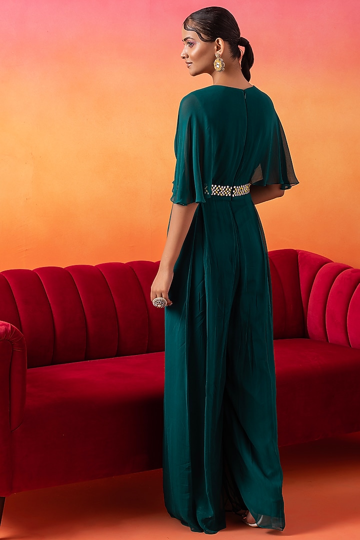 Emerald Green Georgette Pre-Draped Pleated Jumpsuit by Seema Thukral at Pernia's Pop Up Shop