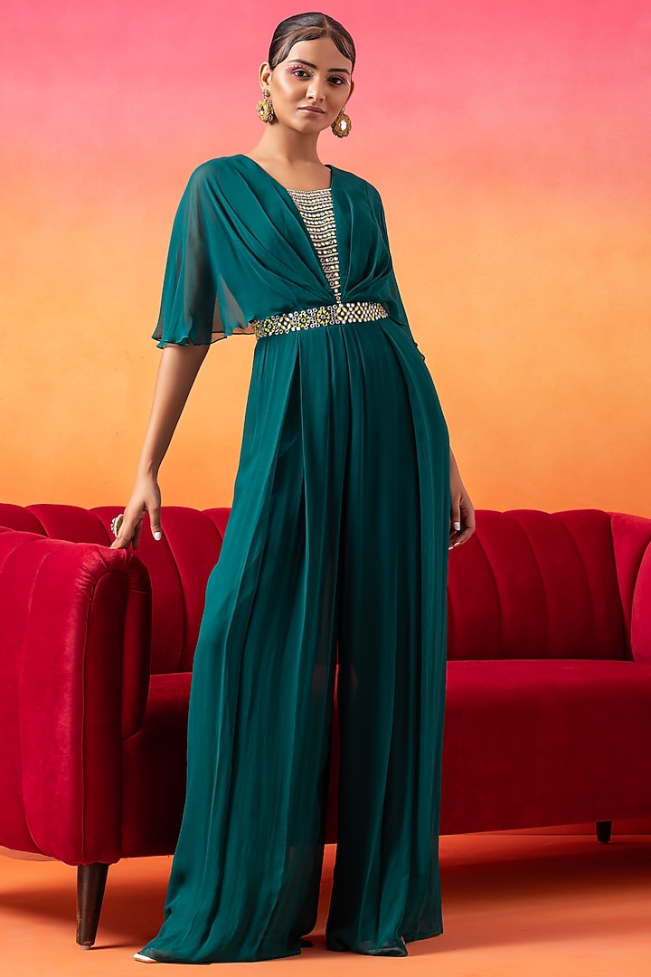 Emerald Green Georgette Pre-Draped Pleated Jumpsuit by Seema Thukral at Pernia's Pop Up Shop