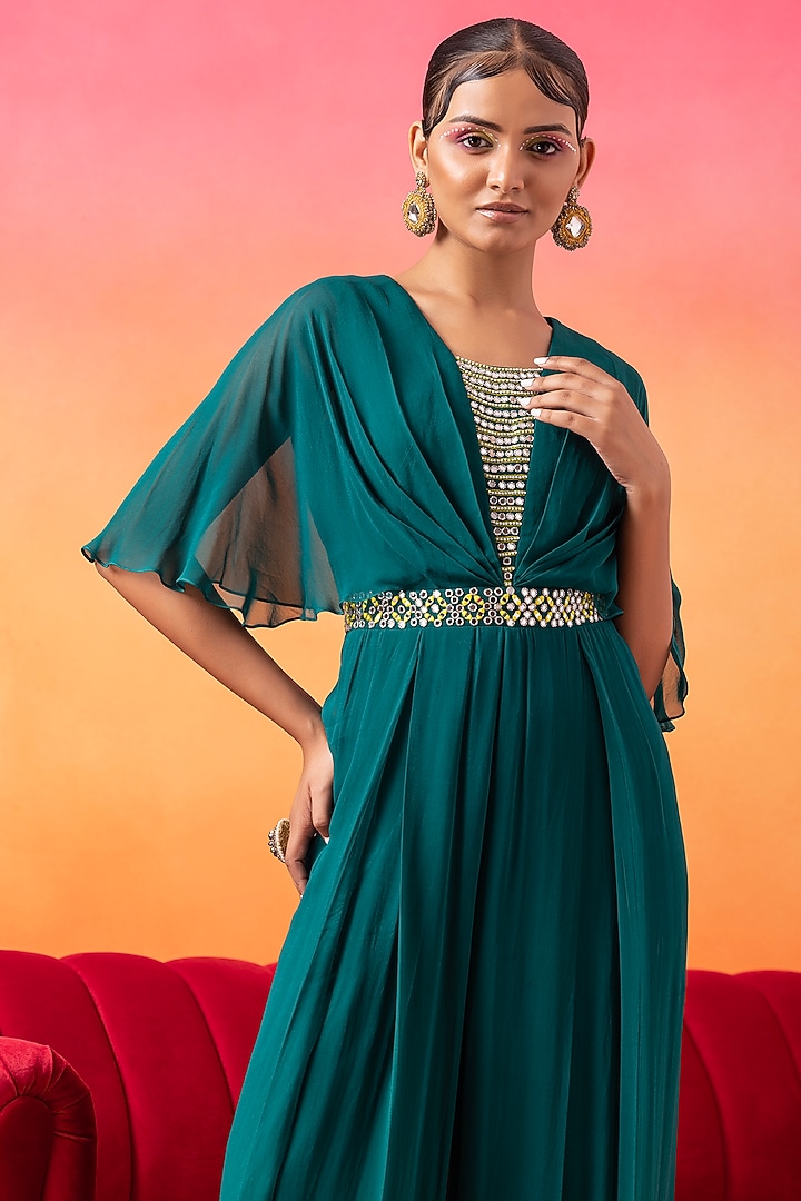 Emerald Green Georgette Pre-Draped Pleated Jumpsuit by Seema Thukral at Pernia's Pop Up Shop