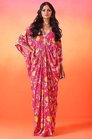 Fuchsia Pink Crepe Printed Kaftan by Seema Thukral