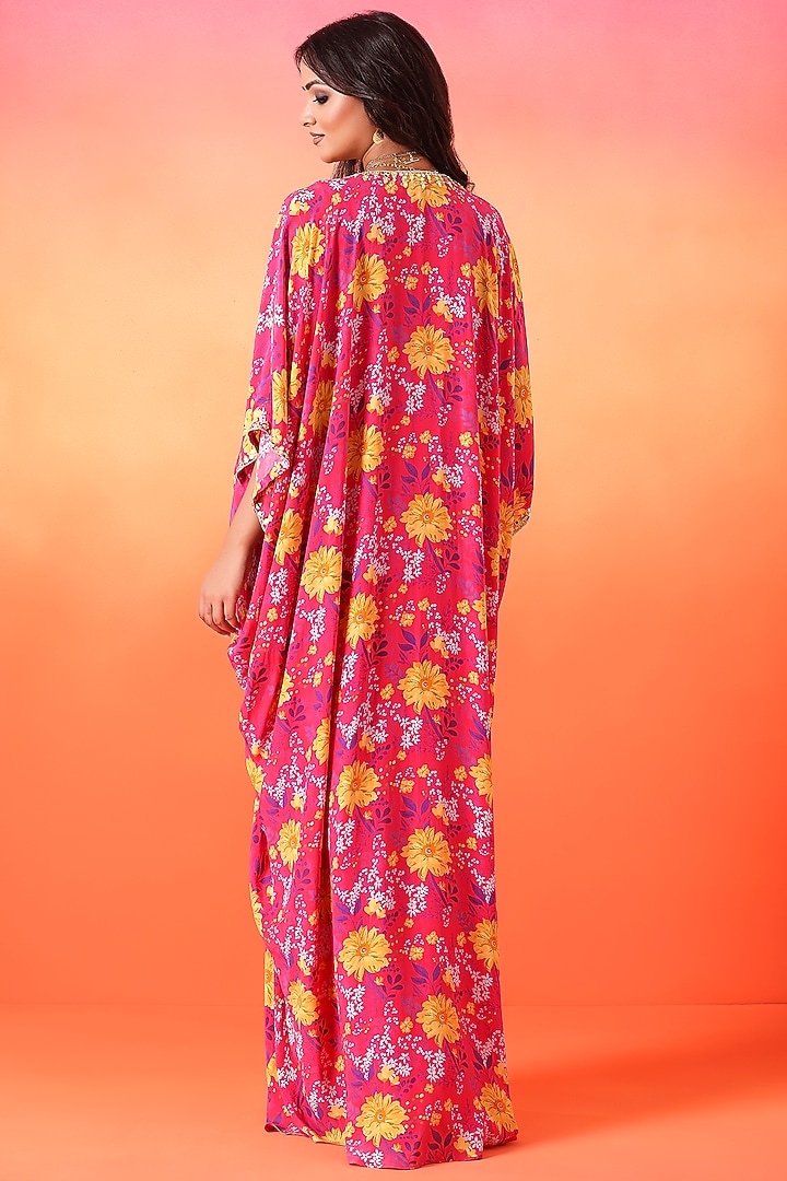Fuchsia Pink Crepe Printed Kaftan by Seema Thukral at Pernia's Pop Up Shop