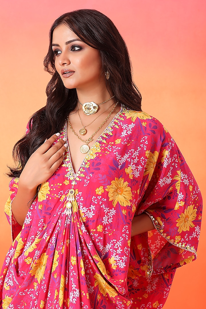 Fuchsia Pink Crepe Printed Kaftan by Seema Thukral at Pernia's Pop Up Shop