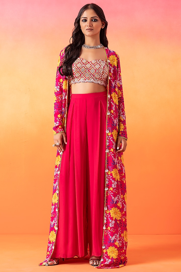 Fuchsia Pink Crepe Printed Jacket Set by Seema Thukral at Pernia's Pop Up Shop