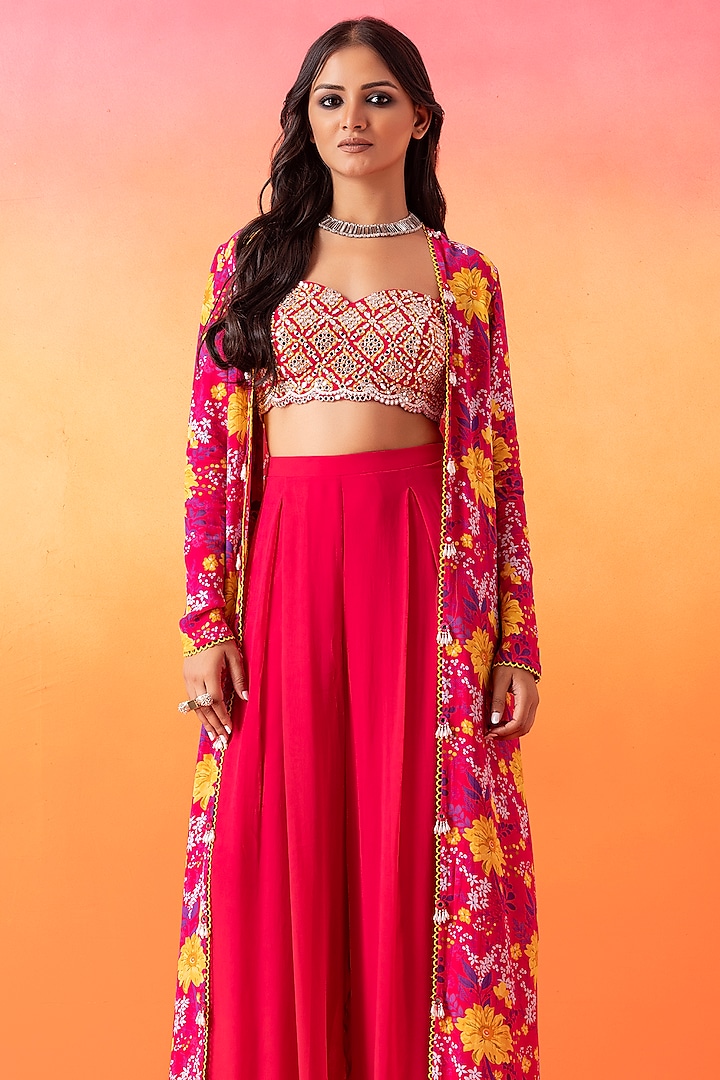Fuchsia Pink Crepe Printed Jacket Set by Seema Thukral at Pernia's Pop Up Shop