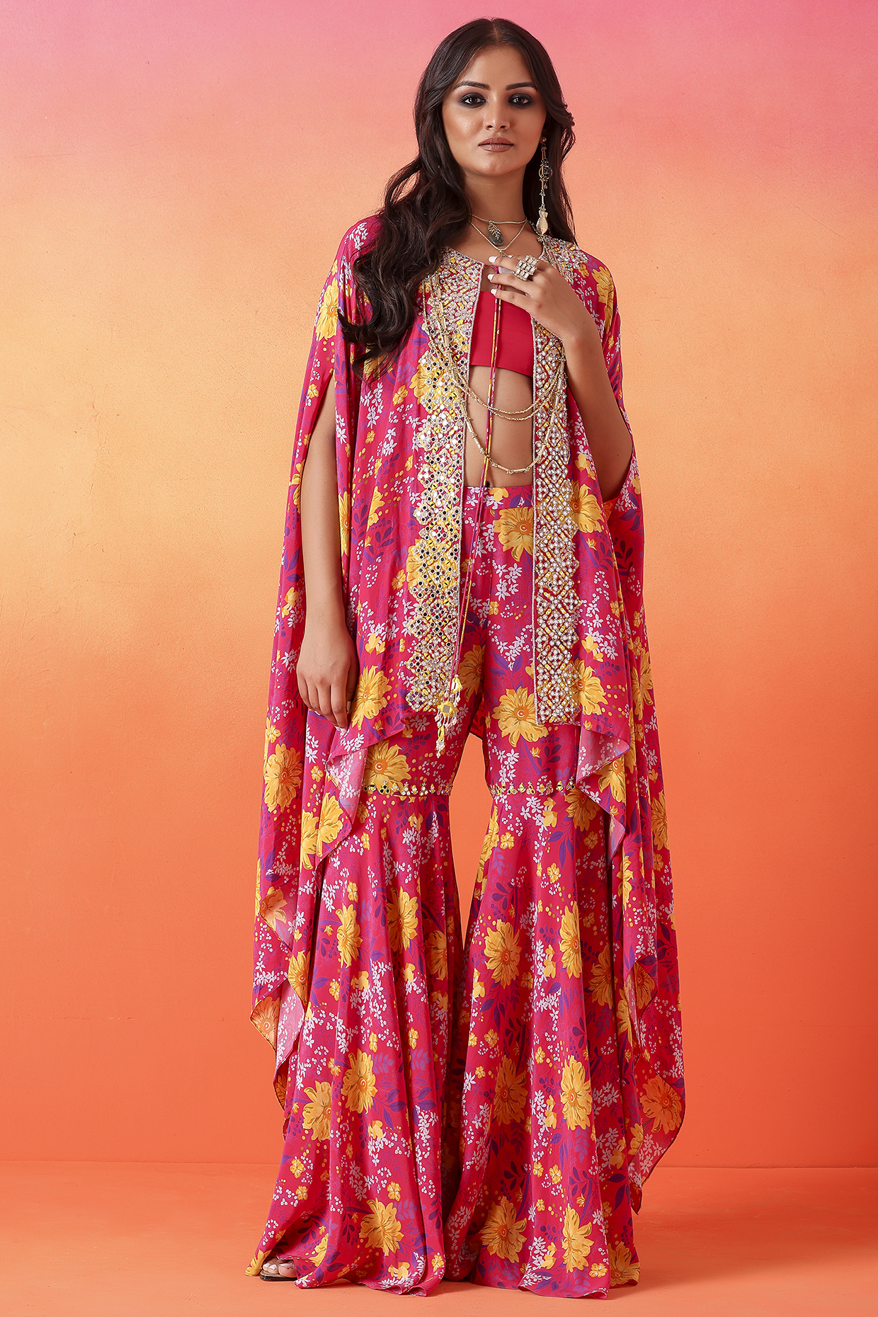 Fuchsia Pink Crepe Printed Gharara Set by Seema Thukral at Pernia's Pop Up Shop