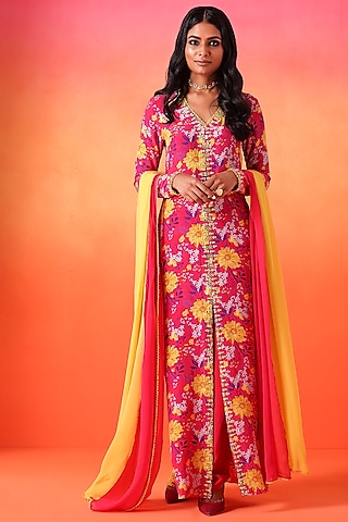 Fuchsia Pink Crepe Printed Kurta Set by Seema Thukral