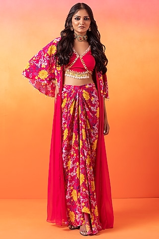 Fuchsia Pink Crepe & Organza Printed Cape Set by Seema Thukral