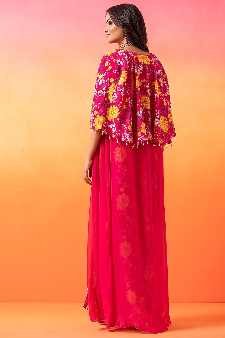 Fuchsia Pink Crepe & Organza Printed Cape Set by Seema Thukral at Pernia's Pop Up Shop