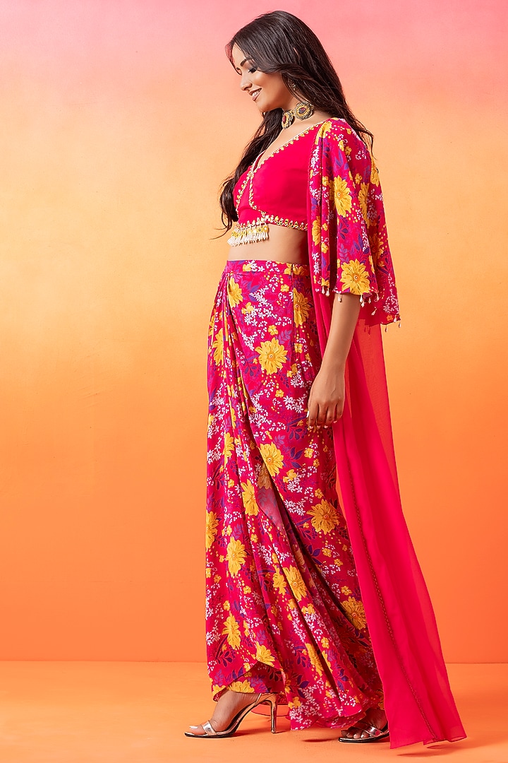 Fuchsia Pink Crepe & Organza Printed Cape Set by Seema Thukral at Pernia's Pop Up Shop