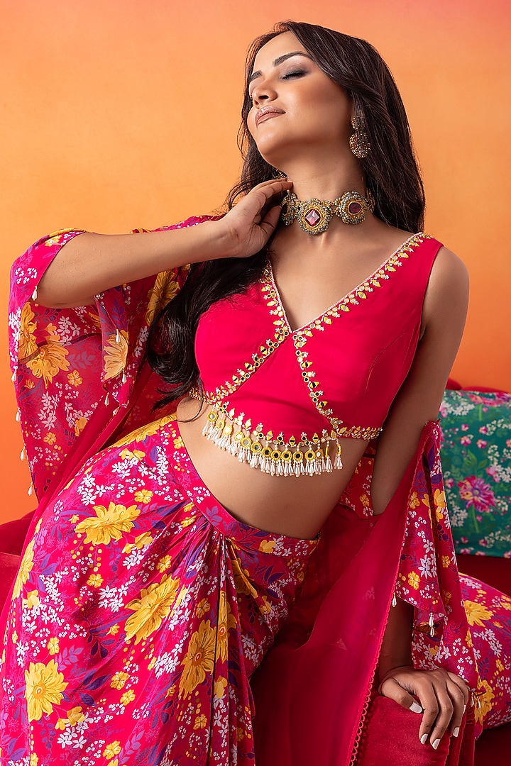 Fuchsia Pink Crepe & Organza Printed Cape Set by Seema Thukral at Pernia's Pop Up Shop