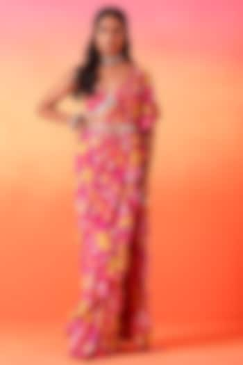 Fuchsia Pink Crepe Printed Pre-Stitched Ruffle Saree Set by Seema Thukral at Pernia's Pop Up Shop