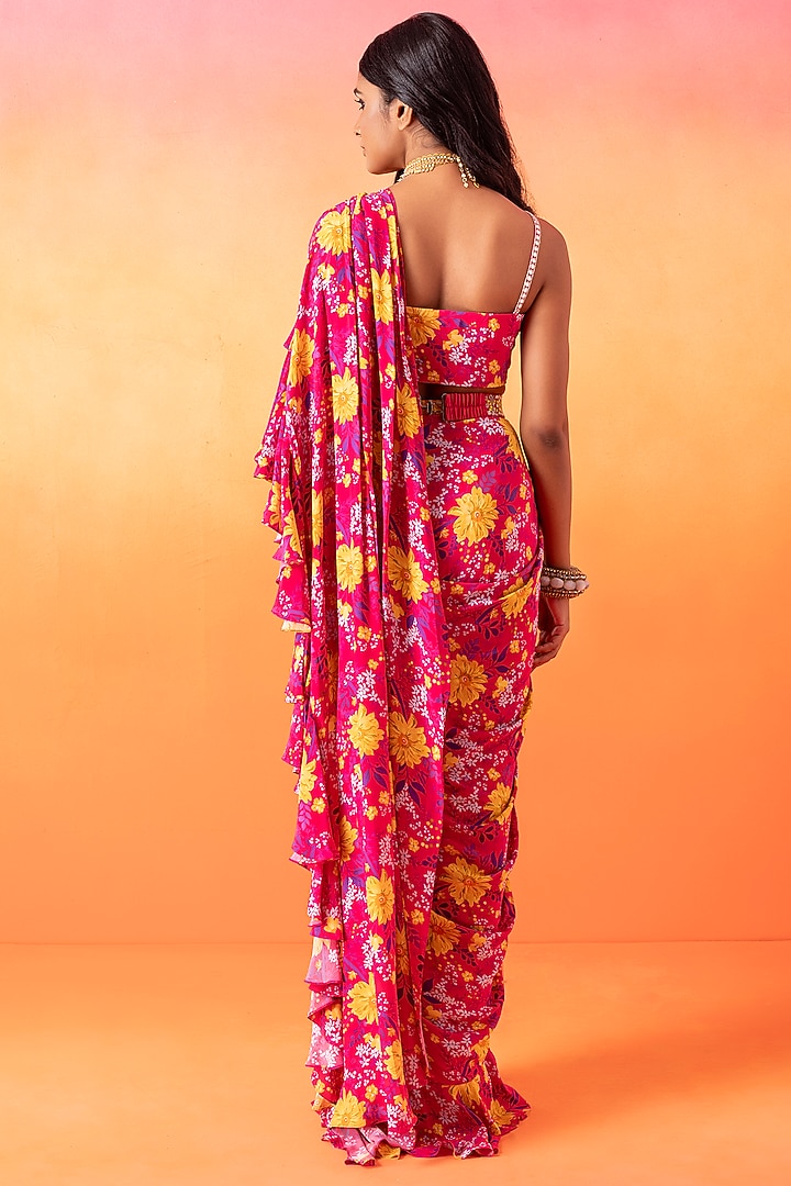 Fuchsia Pink Crepe Printed Pre-Stitched Ruffle Wedding Saree Set by Seema Thukral at Pernia's Pop Up Shop