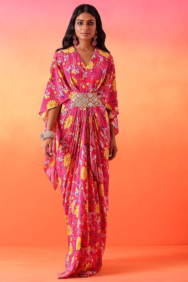 Fuchsia Pink Crepe Printed Pre-Draped Dress by Seema Thukral at Pernia's Pop Up Shop