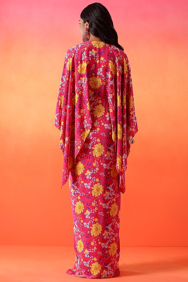 Fuchsia Pink Crepe Printed Pre-Draped Vacation Dress by Seema Thukral at Pernia's Pop Up Shop