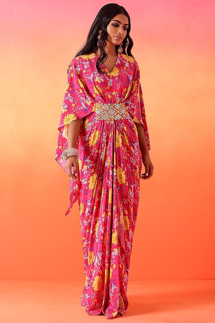 Fuchsia Pink Crepe Printed Pre-Draped Vacation Dress by Seema Thukral at Pernia's Pop Up Shop