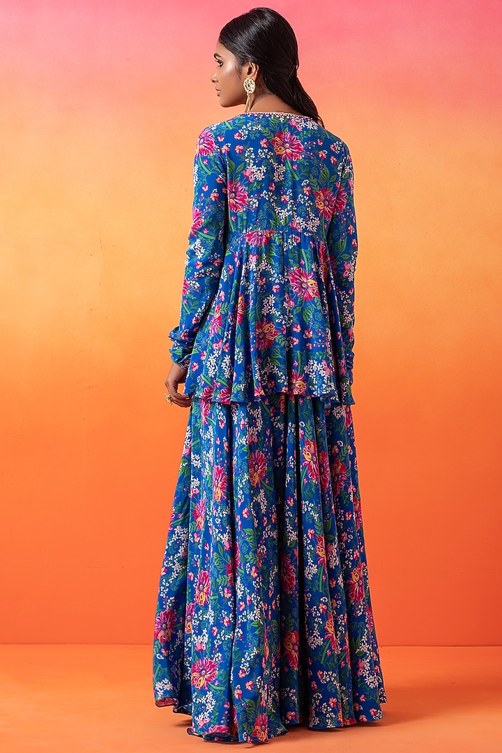 Electric Blue Crepe Printed Wedding Sharara Set by Seema Thukral at Pernia's Pop Up Shop
