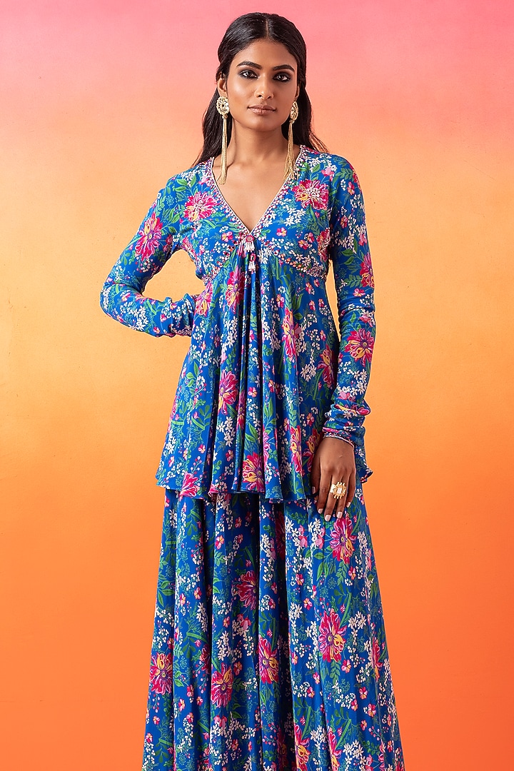 Electric Blue Crepe Printed Wedding Sharara Set by Seema Thukral at Pernia's Pop Up Shop
