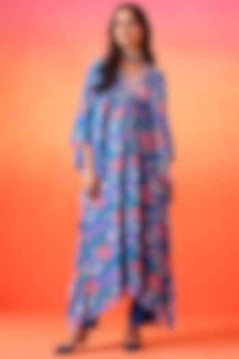 Electric Blue Crepe Printed Kaftan Set by Seema Thukral at Pernia's Pop Up Shop
