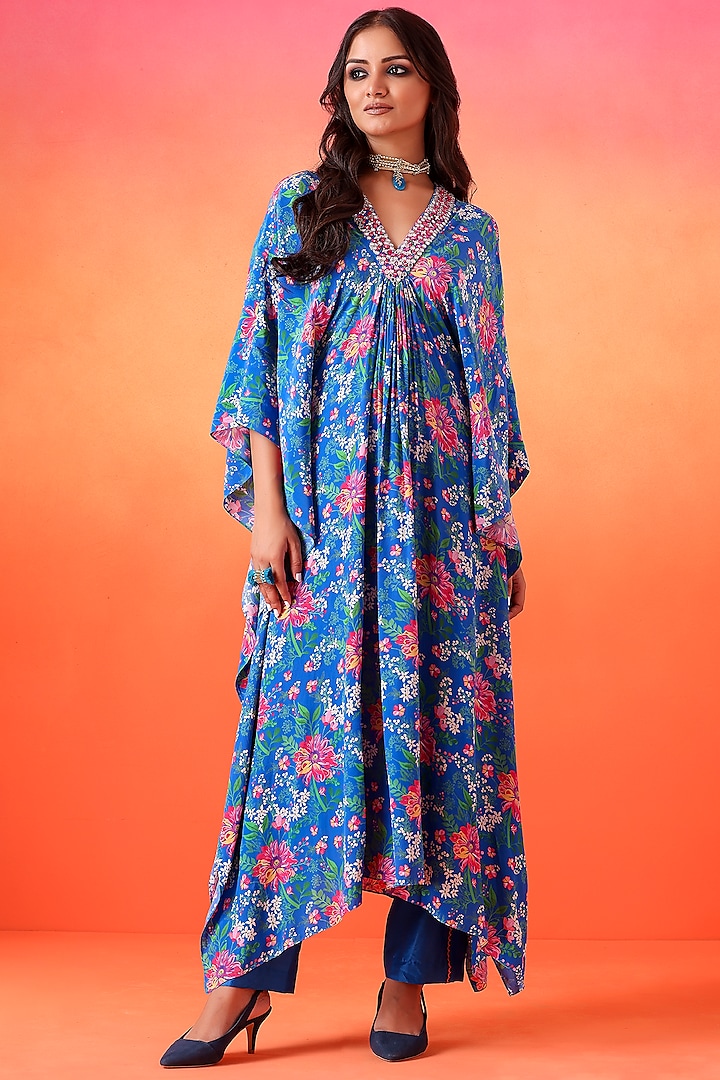 Electric Blue Crepe Printed Kaftan Set by Seema Thukral at Pernia's Pop Up Shop