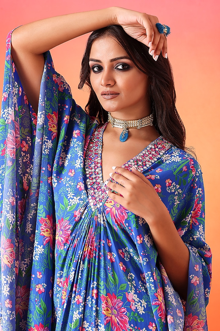 Electric Blue Crepe Printed Kaftan Set by Seema Thukral at Pernia's Pop Up Shop