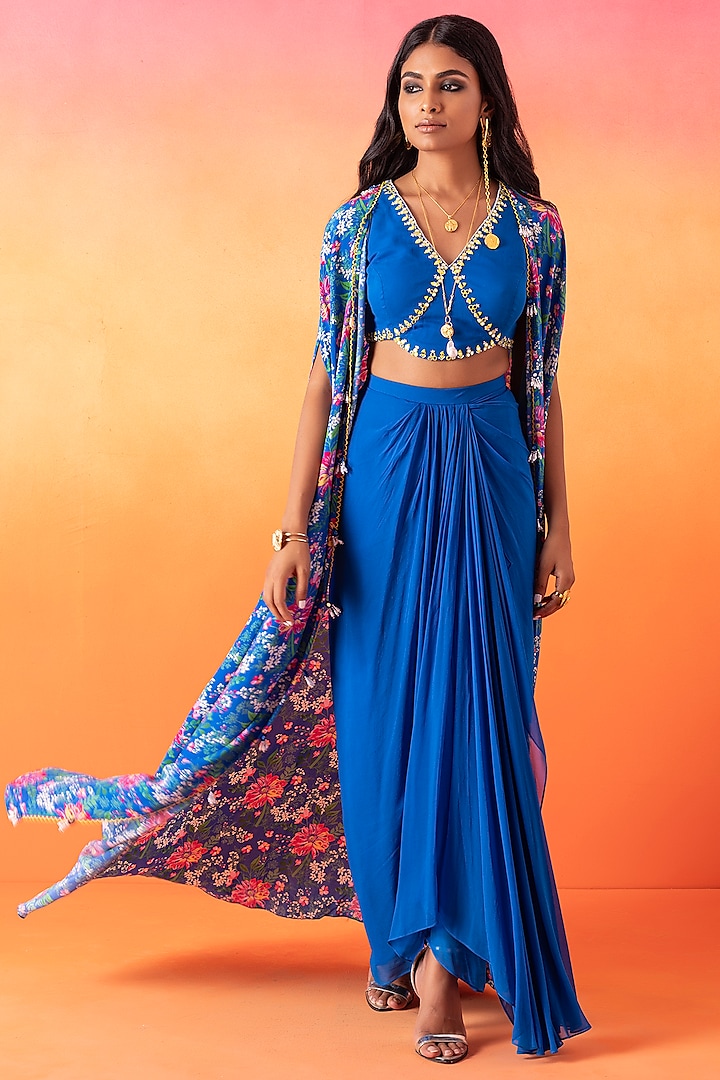 Electric Blue Crepe Printed Cape Set by Seema Thukral at Pernia's Pop Up Shop
