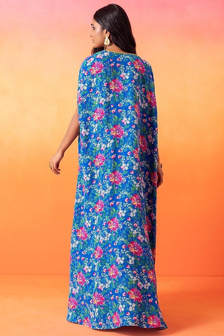 Electric Blue Crepe Printed Cape Set by Seema Thukral at Pernia's Pop Up Shop