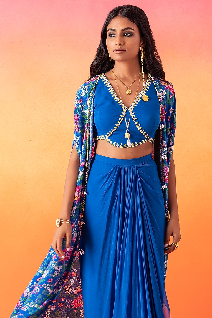 Electric Blue Crepe Printed Cape Set by Seema Thukral at Pernia's Pop Up Shop