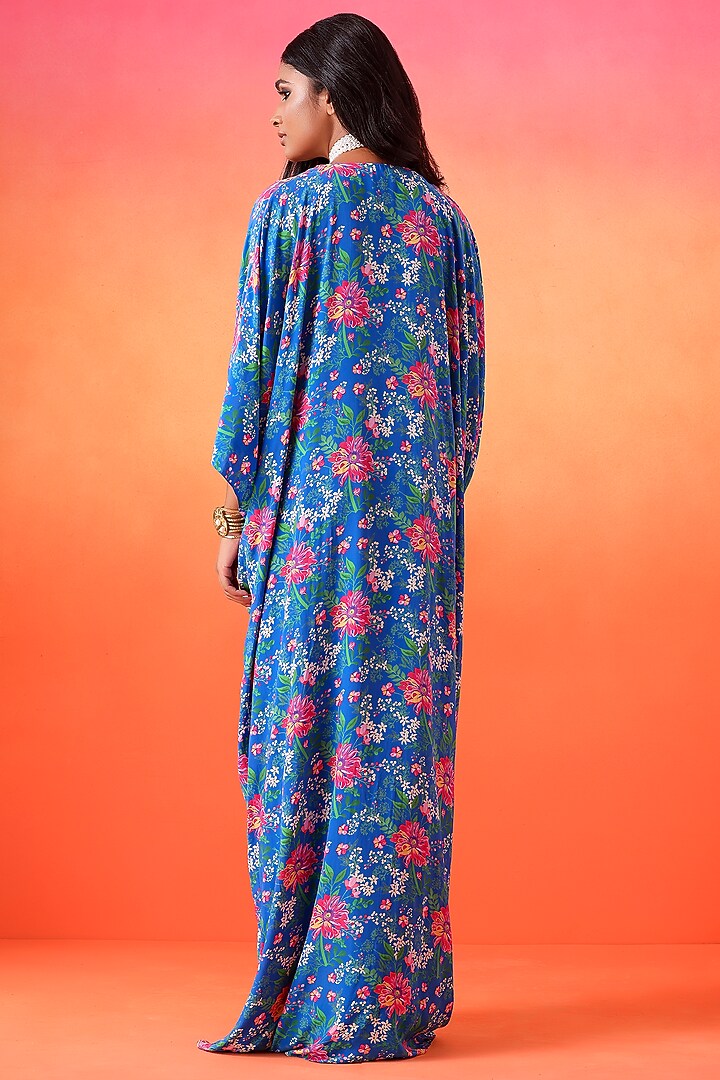 Electric Blue Crepe Printed Pre-Draped Kaftan by Seema Thukral at Pernia's Pop Up Shop