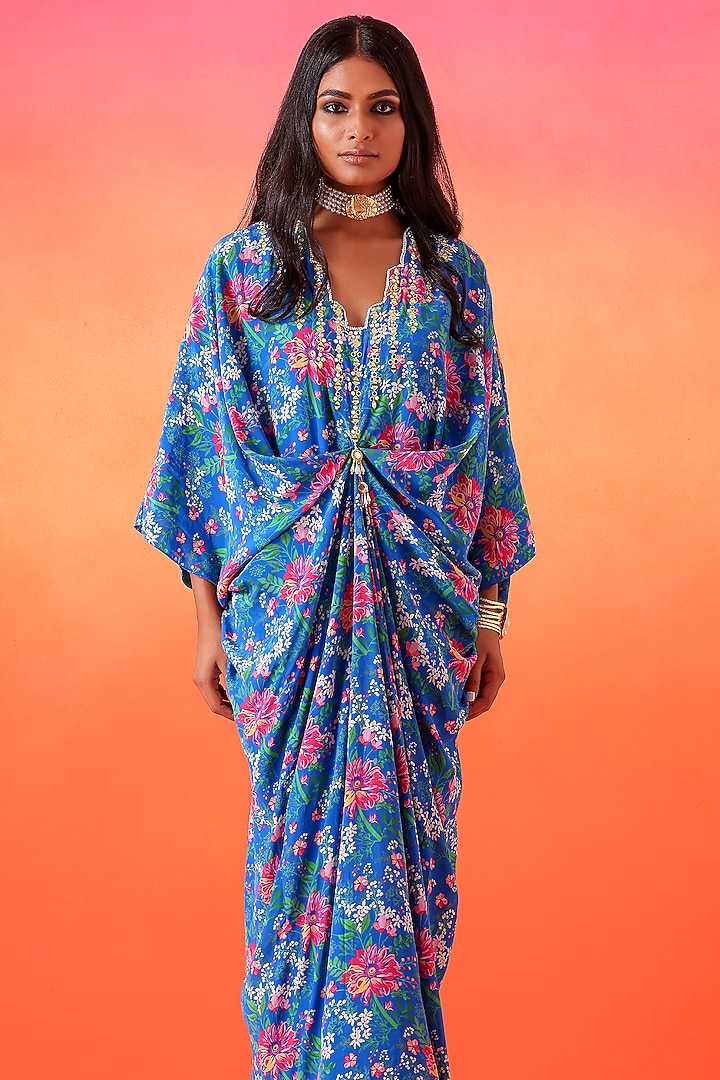 Electric Blue Crepe Printed Pre-Draped Kaftan by Seema Thukral at Pernia's Pop Up Shop