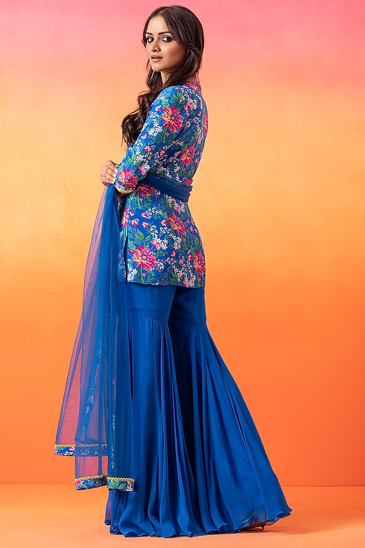 Electric Blue Georgette Gharara Set by Seema Thukral at Pernia's Pop Up Shop