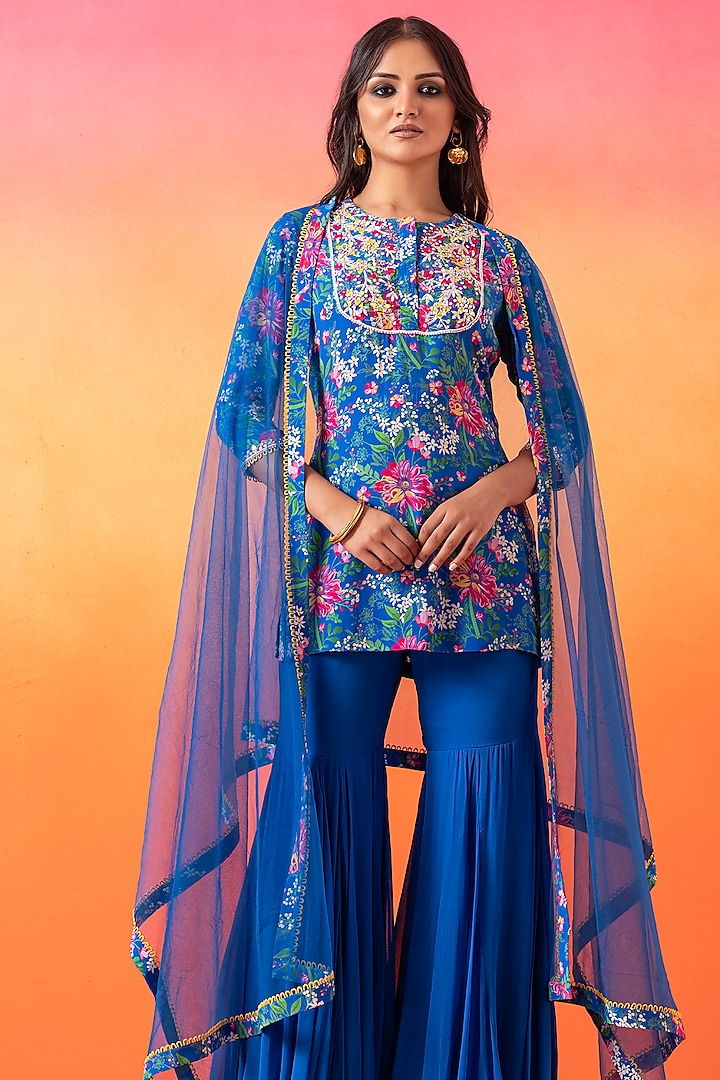 Electric Blue Georgette Gharara Set by Seema Thukral at Pernia's Pop Up Shop