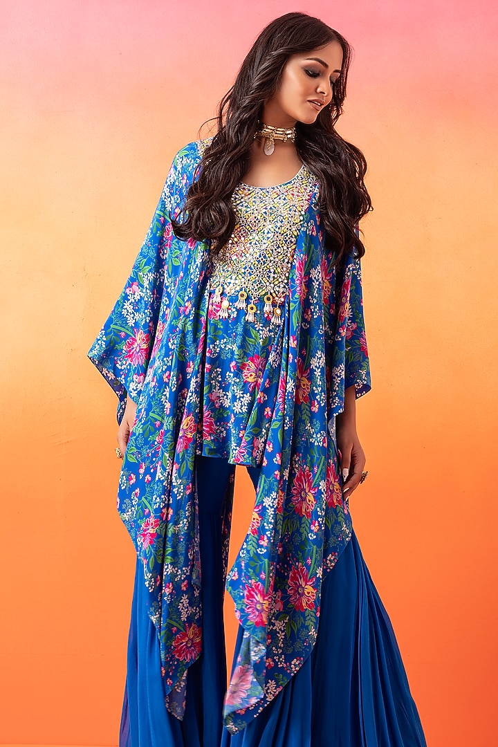Electric Blue Georgette Printed Gharara Set by Seema Thukral at Pernia's Pop Up Shop