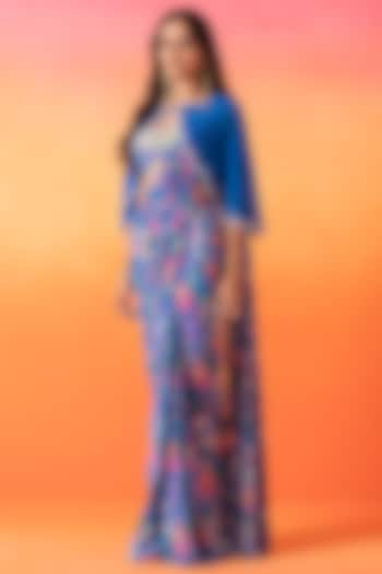 Electric Blue Crepe Printed Pre-Stitched Saree Set by Seema Thukral at Pernia's Pop Up Shop