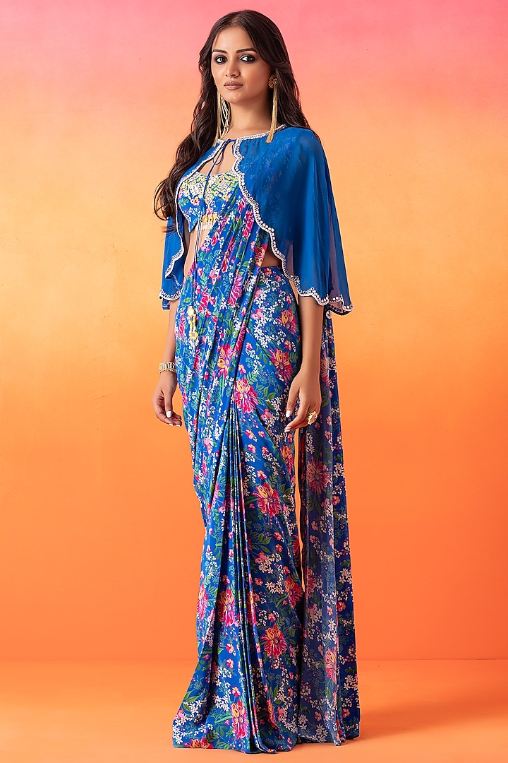 Electric Blue Crepe Printed Pre-Stitched Saree Set by Seema Thukral at Pernia's Pop Up Shop