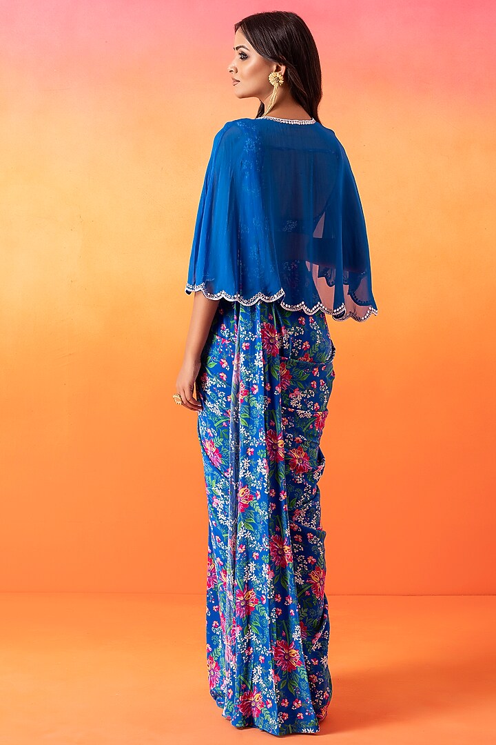Electric Blue Crepe Printed Pre-Stitched Wedding Saree Set by Seema Thukral at Pernia's Pop Up Shop