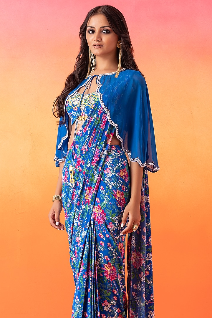 Electric Blue Crepe Printed Pre-Stitched Wedding Saree Set by Seema Thukral at Pernia's Pop Up Shop