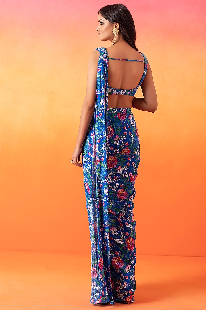Electric Blue Crepe Printed Pre-Stitched Party Wear Saree Set by Seema Thukral at Pernia's Pop Up Shop