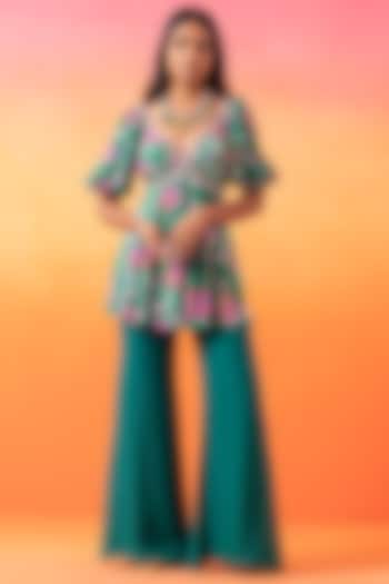 Emerald Green Organza & Crepe Flared Pant Set by Seema Thukral at Pernia's Pop Up Shop