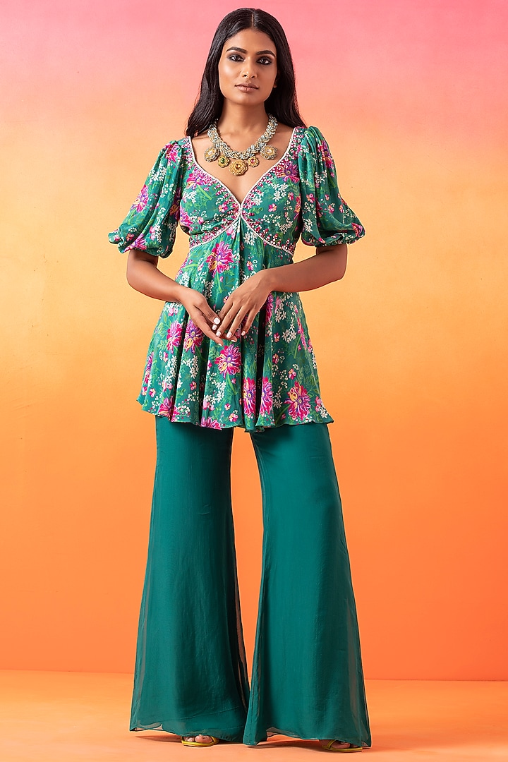 Emerald Green Organza & Crepe Flared Pant Set by Seema Thukral at Pernia's Pop Up Shop