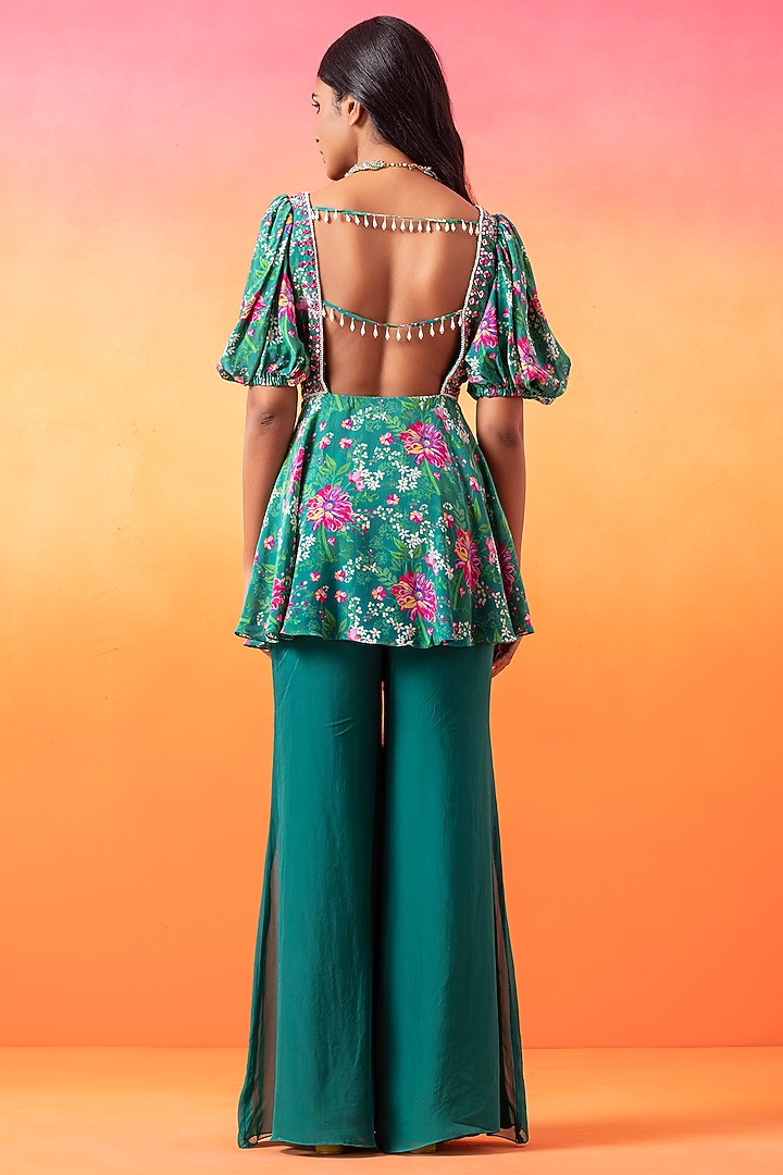 Emerald Green Organza & Crepe Flared Pant Set by Seema Thukral at Pernia's Pop Up Shop