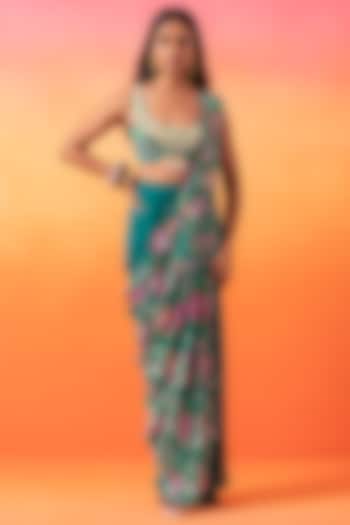Emerald Green Georgette Draped Skirt Set by Seema Thukral at Pernia's Pop Up Shop