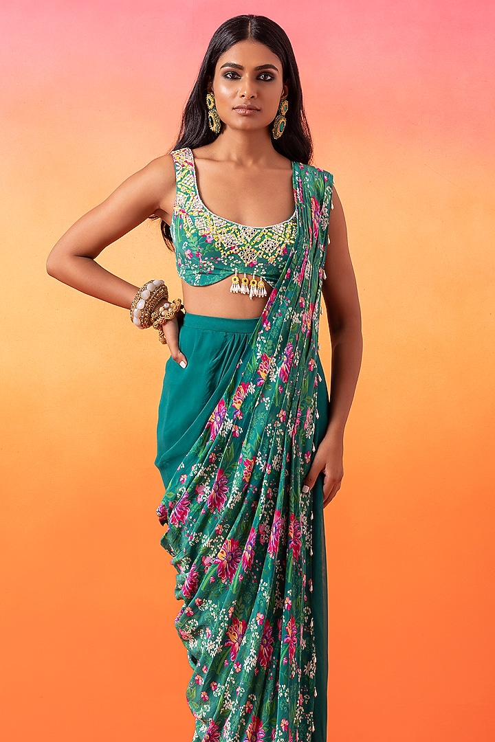Emerald Green Georgette Draped Skirt Set by Seema Thukral at Pernia's Pop Up Shop