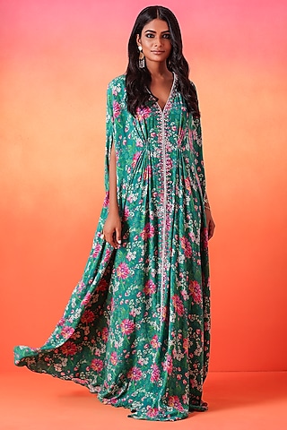 Emerald Green Crepe Printed Kaftan by Seema Thukral
