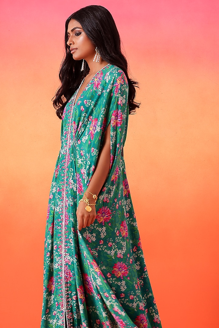 Emerald Green Crepe Printed Kaftan by Seema Thukral at Pernia's Pop Up Shop