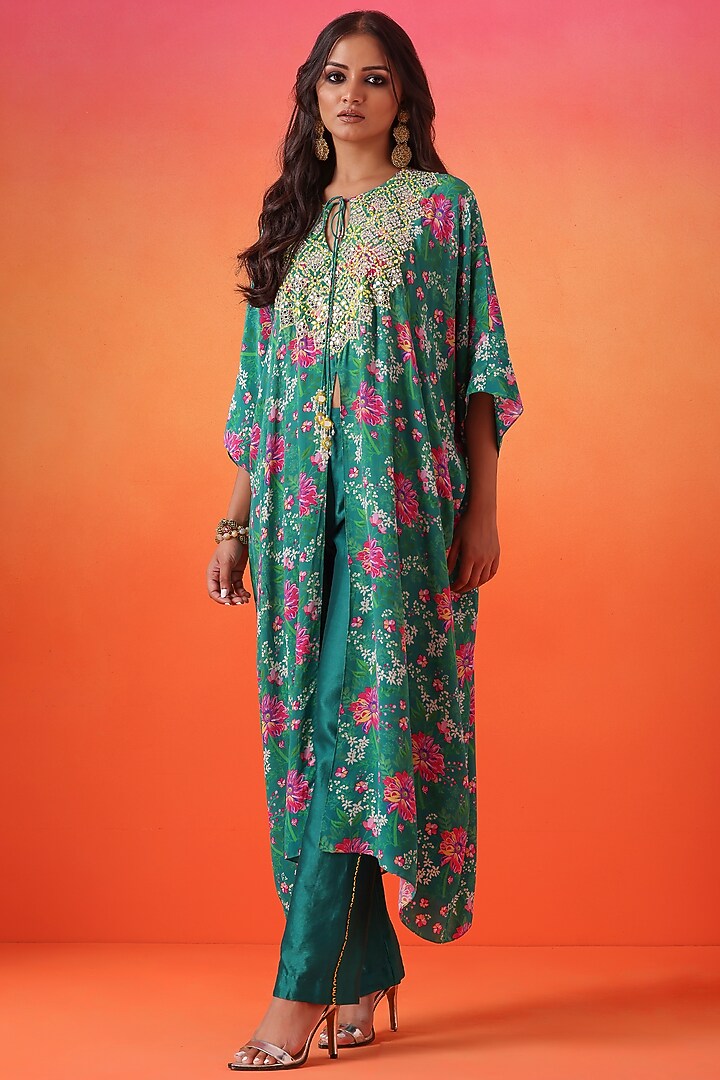 Emerald Green Crepe Printed Kaftan Set by Seema Thukral at Pernia's Pop Up Shop