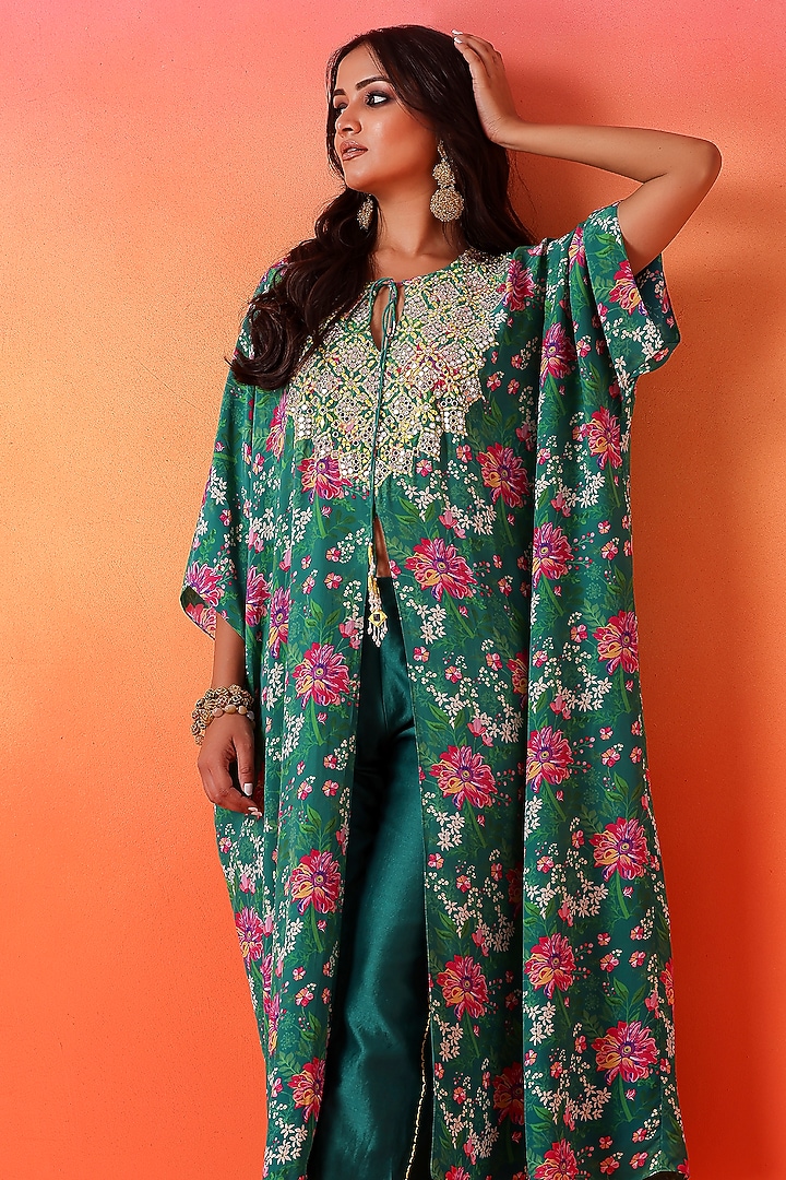 Emerald Green Crepe Printed Kaftan Set by Seema Thukral at Pernia's Pop Up Shop
