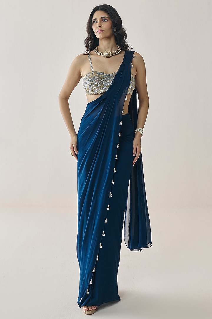 Midnight Blue Georgette Pre-Stitched Wedding Saree Set by Seema Thukral at Pernia's Pop Up Shop
