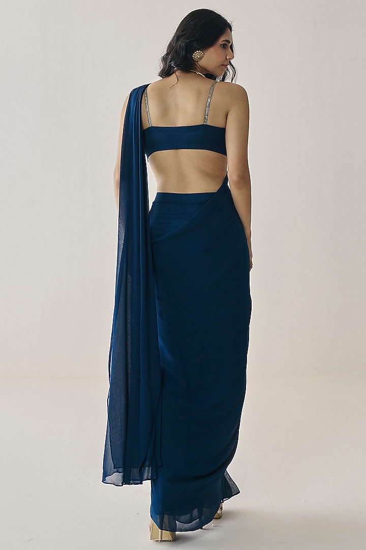 Midnight Blue Georgette Pre-Stitched Wedding Saree Set by Seema Thukral at Pernia's Pop Up Shop