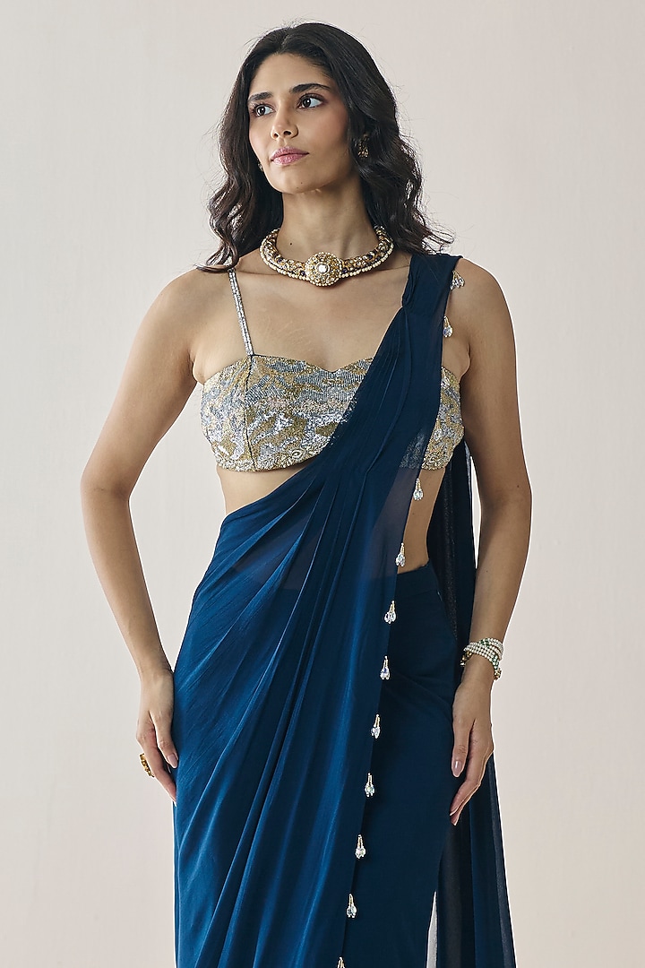 Midnight Blue Georgette Pre-Stitched Wedding Saree Set by Seema Thukral at Pernia's Pop Up Shop