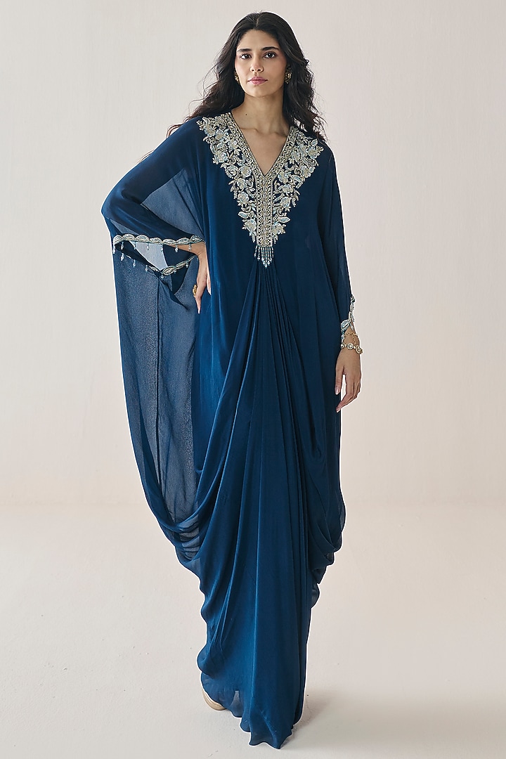 Midnight Blue Chiffon Embellished Draped Kaftan by Seema Thukral at Pernia's Pop Up Shop